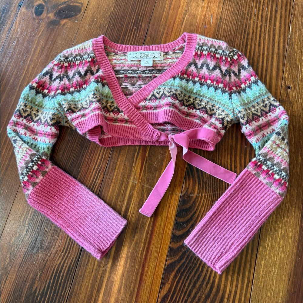 GAP Pink Multicolor Fair Isle V-Neck Wrap Cardigan